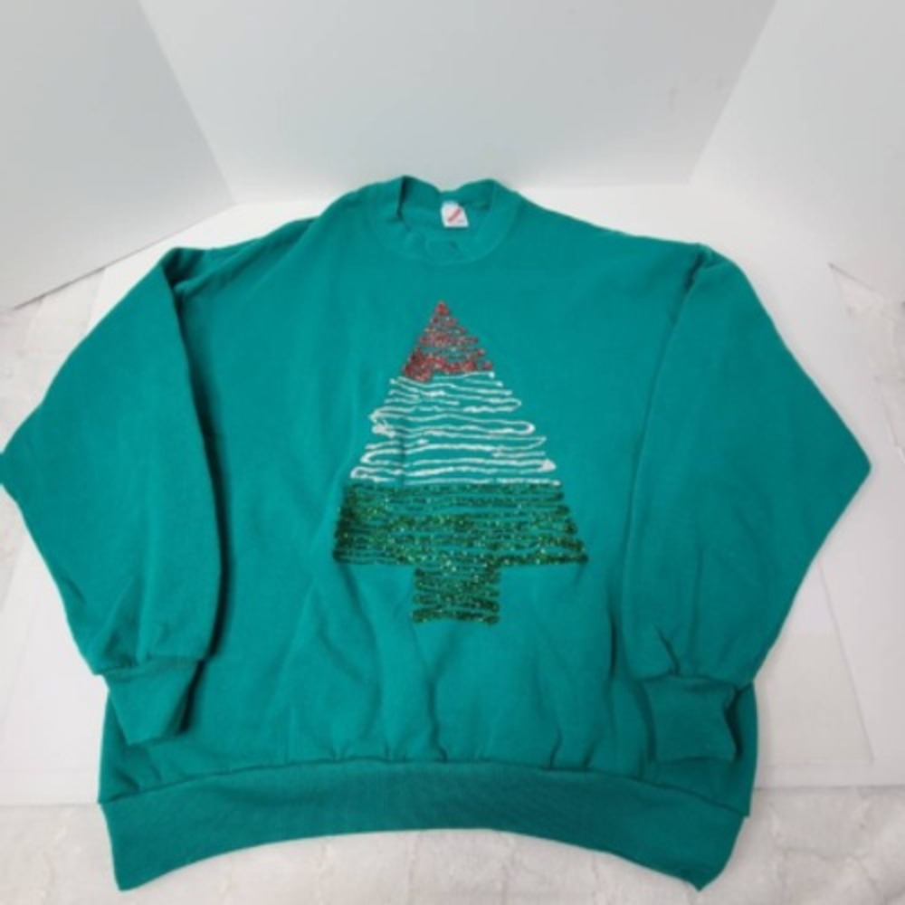 Jerzees Womens Pullover Sweatshirt Green Christmas Tree Long Sleeve USA Plus 2XL